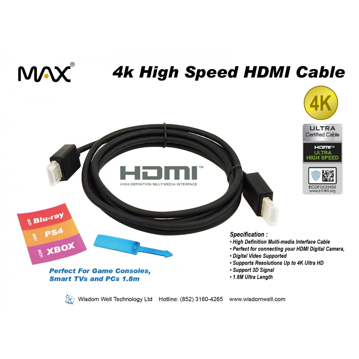 Max 4k 高速HDMI傳輸線 (MA-HDMI004K): 支援4K UHD、3D訊號